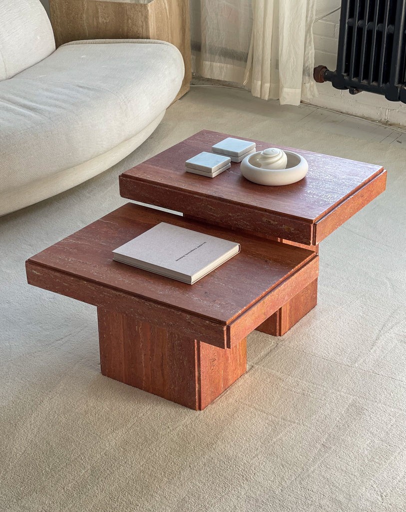 2 Tier Red Travertine Nesting Table Set