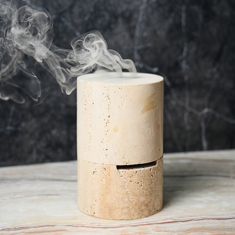 Incense Burner Cylindrical Beige Travertine