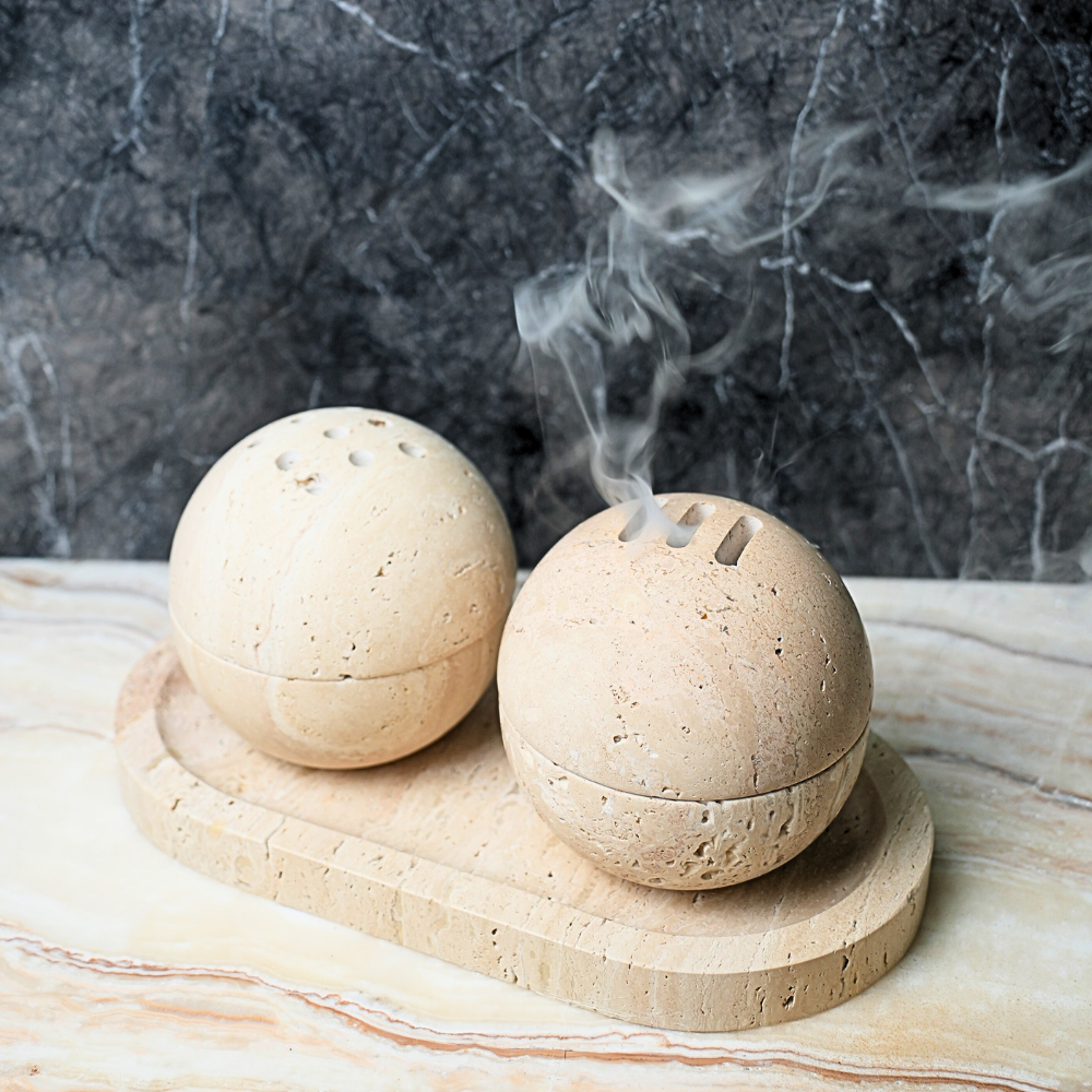 Incense Burner Beige Travertine Set
