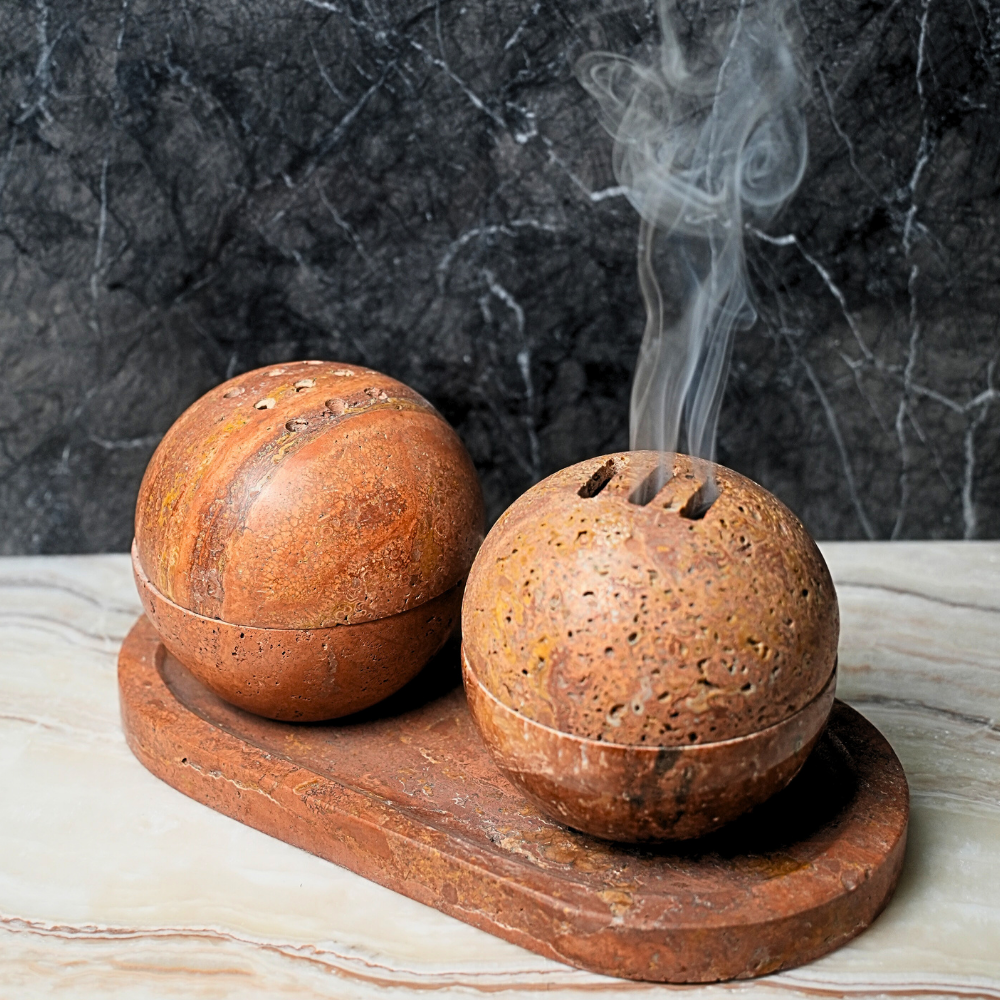 Incense Burner Red Travertine Set