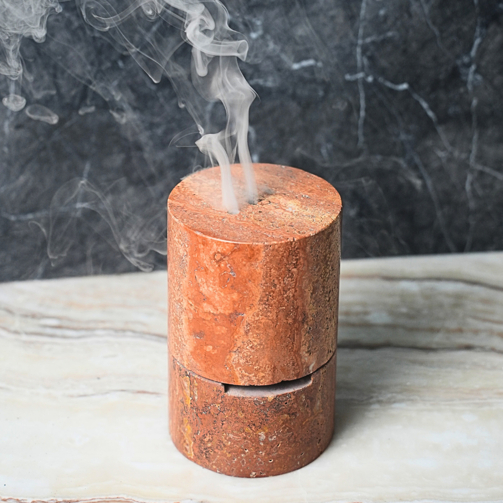 Incense Burner Cylindrical Red Travertine