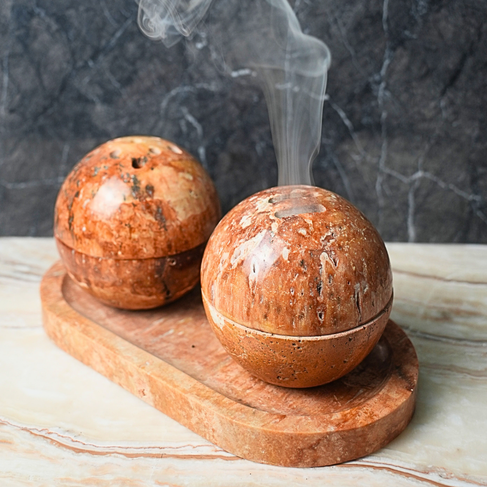 Incense Burner Red Shine Travertine Set
