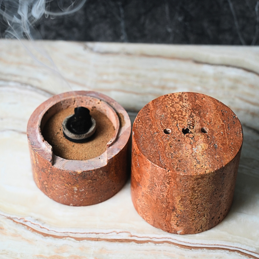 Incense Burner Cylindrical Red Travertine
