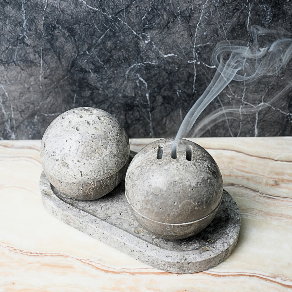 Incense Burner Silver Travertine Set