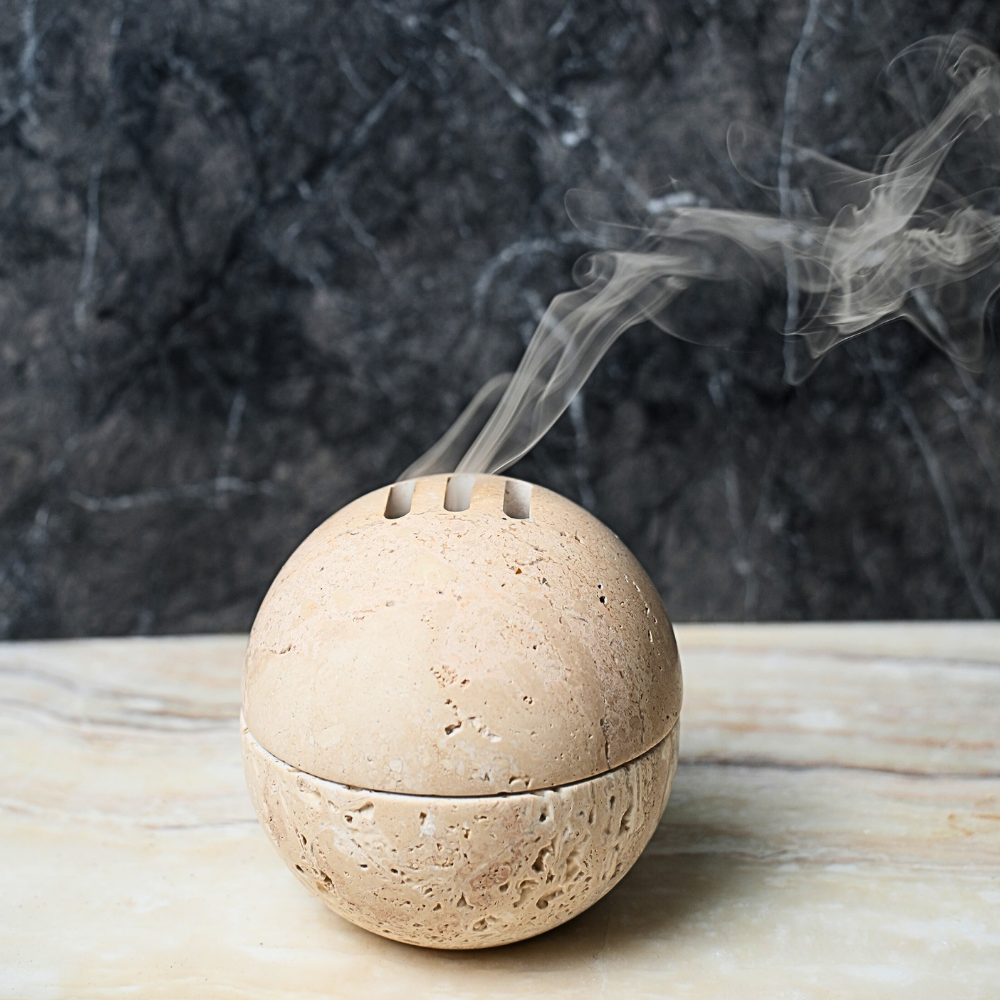 Incense Burner Beige Travertine Set