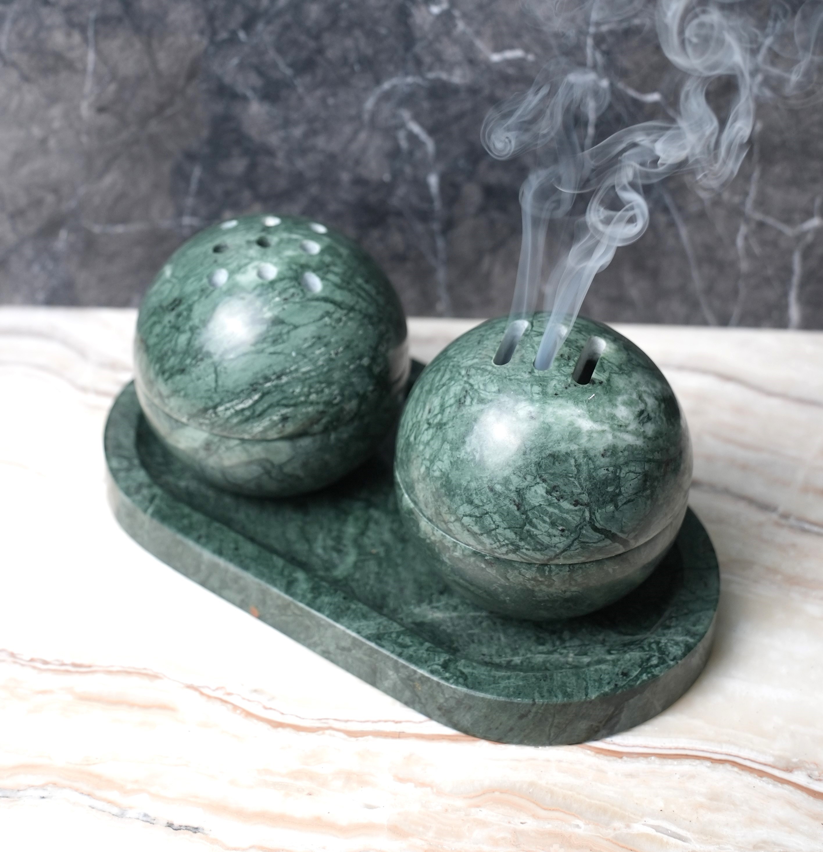 Incense Burner Green Marble Set