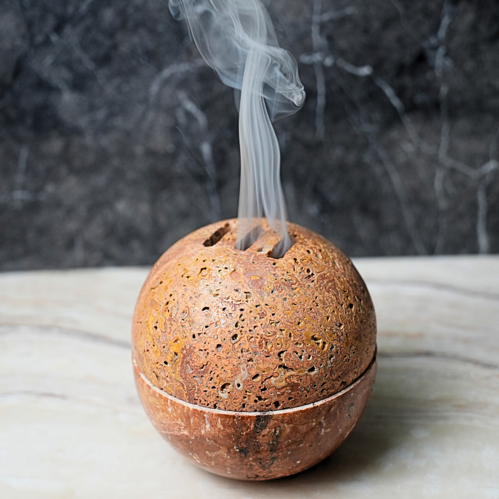 Incense Burner Red Travertine Set