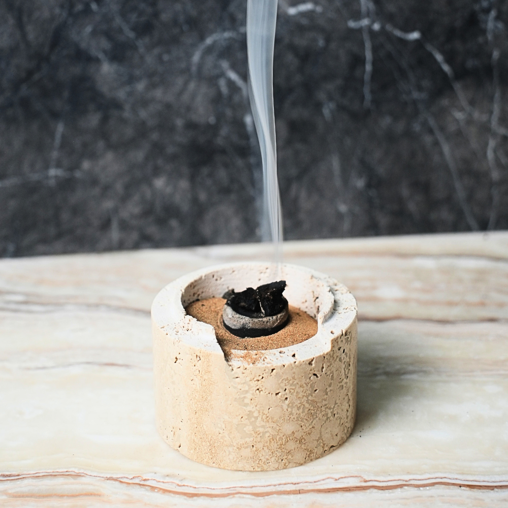 Incense Burner Cylindrical Beige Travertine